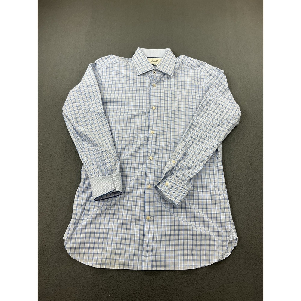 Ted Baker Shirt Mens 15 Dress Blue Check Endurance Button‎ Up Long Sleeve